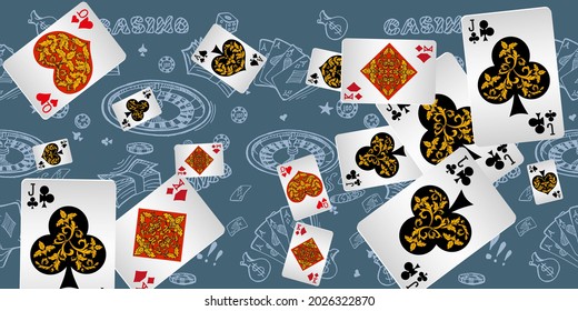Casino Playing Cards are falling down. Playing Cards rain. Pattern for ads of parties, events in Vegas. Vector illustration in vintage style.