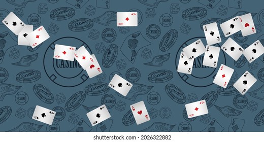 Casino Playing Cards are falling down. Playing Cards rain. Pattern for ads of parties, events in Vegas. Vector illustration 