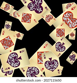 Las tarjetas de juego del Casino se están cayendo. Llueven las tarjetas de juego. Patrón para anuncios de fiestas, eventos en Las Vegas. Ilustración vectorial en estilo vintage.