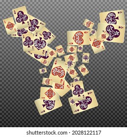 Casino Playing Cards are falling down. Playing Cards rain. Pattern for ads of parties, events in Vegas. Vector illustration in vintage style.