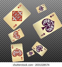 Casino Playing Cards are falling down. Playing Cards rain. Pattern for ads of parties, events in Vegas. Vector illustration in vintage style.