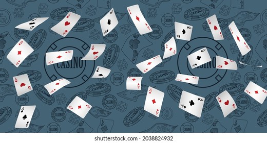 Casino Playing Cards are falling down. Playing Cards rain. Pattern for ads of parties, events in Vegas. 