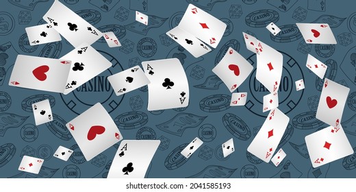 Casino Playing Cards are falling down. Playing Cards rain. Pattern for ads of parties, events in Vegas. 
