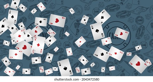 Casino Playing Cards are falling down. Playing Cards rain. Pattern for ads of parties, events in Vegas. 