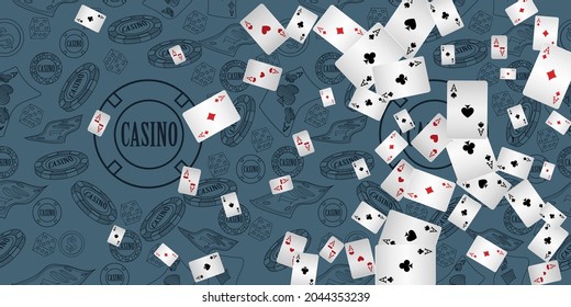Casino Playing Cards are falling down. Playing Cards rain. Pattern for ads of parties, events in Vegas. 