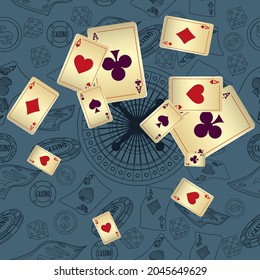 Casino Playing Cards are falling down. Playing Cards rain. Pattern for ads of parties, events in Vegas. Vector illustration in vintage style.