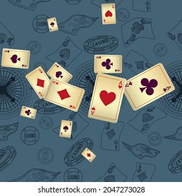 Casino Playing Cards are falling down. Playing Cards rain. Pattern for ads of parties, events in Vegas. Vector illustration in vintage style.