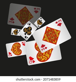 .Casino Las tarjetas de juego se están cayendo. Llueven las tarjetas de juego. Patrón para anuncios de fiestas, eventos en Las Vegas. Ilustración vectorial en estilo vintage.
