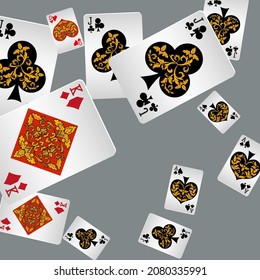 Casino Playing Cards are falling down. Playing Cards rain. Pattern for ads of parties, events in Vegas.