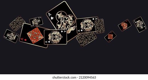 Las tarjetas de juego del Casino se están cayendo. Llueven las tarjetas de juego. Patrón para anuncios de fiestas, eventos en Las Vegas. Ilustración vectorial en estilo vintage.