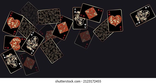 Casino Playing Cards are falling down. Playing Cards rain. Pattern for ads of parties, events in Vegas. Vector illustration in vintage style.