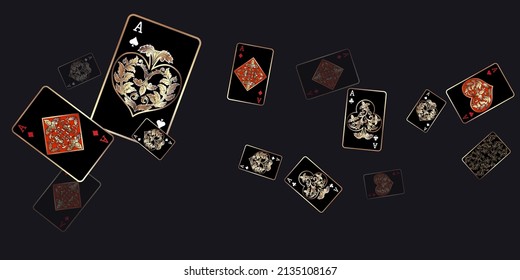 Casino Playing Cards are falling down. Playing Cards rain. Pattern for ads of parties, events in Vegas. Vector illustration in vintage style.