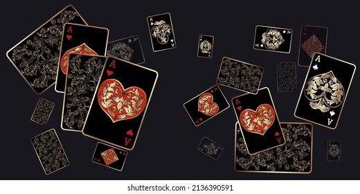 Casino Spielkarten fallen ab. Kartenspielen regnen. Muster für Werbung für Partys, Events in Vegas. Vektorgrafik im Vintage-Stil.