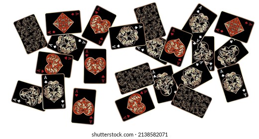 Casino Playing Cards are falling down. Playing Cards rain. Pattern for ads of parties, events in Vegas. Vector illustration in vintage style.