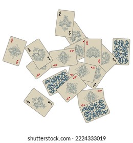 Las tarjetas de juego del Casino se están cayendo. Llueven las tarjetas de juego. Patrón para anuncios de fiestas, eventos en Las Vegas. Ilustración vectorial en estilo vintage.