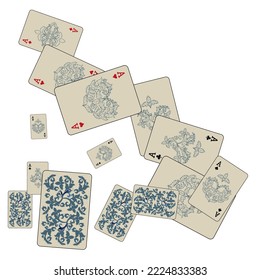 Casino Playing Cards are falling down. Playing Cards rain. Pattern for ads of parties, events in Vegas. Vector illustration in vintage style.
