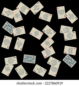 Casino Playing Cards are falling down. Playing Cards rain. Pattern for ads of parties, events in Vegas. Vector illustration in vintage style