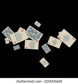Las tarjetas de juego del Casino se están cayendo. Llueven las tarjetas de juego. Patrón para anuncios de fiestas, eventos en Las Vegas. Ilustración vectorial en estilo vintage.

