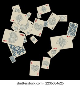 Casino Playing Cards are falling down. Playing Cards rain. Pattern for ads of parties, events in Vegas. Vector illustration in vintage style.
