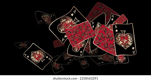 Casino Playing Cards are falling down. Playing Cards rain. Pattern for ads of parties, events in Vegas. Vector illustration in vintage style.
