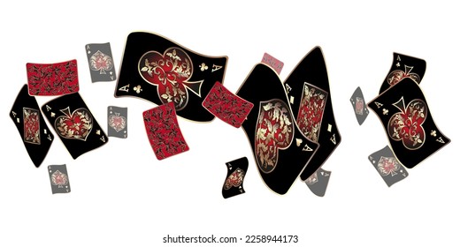 Casino Playing Cards are falling down. Playing Cards rain. Pattern for ads of parties, events in Vegas. Vector illustration in vintage style.
