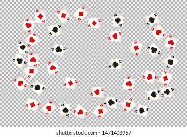 Casino Playing Cards are falling on transparent background. Playing Cards rain. Pattern for ads of parties, events in Vegas. Vector illustration