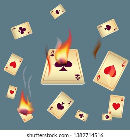 Casino Playing Cards and Fire. Pattern for ads of parties, events in Vegas. Vector illustration in vintage style.