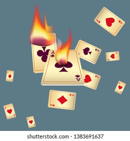 Casino Playing Cards and Fire. Pattern for ads of parties, events in Vegas. Vector illustration in vintage style.