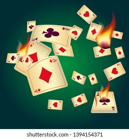 Casino Playing Cards and Fire. Pattern for ads of parties, events in Vegas. Vector illustration in vintage style.