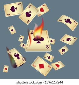 Casino Playing Cards and Fire. Pattern for ads of parties, events in Vegas. Vector illustration in vintage style.