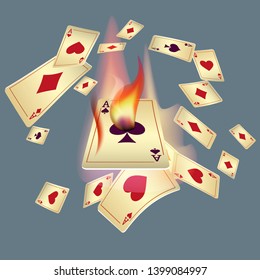 Casino Playing Cards and Fire. Pattern for ads of parties, events in Vegas. Vector illustration in vintage style.