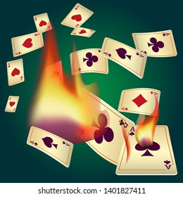 Casino Playing Cards and Fire. Pattern for ads of parties, events in Vegas. Vector illustration in vintage style.