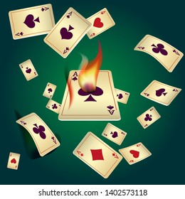 Casino Playing Cards and Fire. Pattern for ads of parties, events in Vegas. Vector illustration in vintage style.