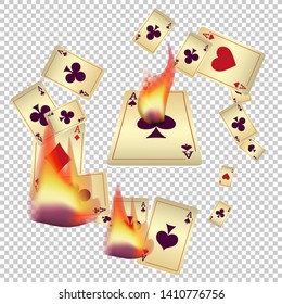 Casino Playing Cards and Fire. Pattern for ads of parties, events in Vegas. Vector illustration in vintage style.