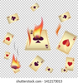 Casino Playing Cards and Fire. Pattern for ads of parties, events in Vegas. Vector illustration in vintage style.