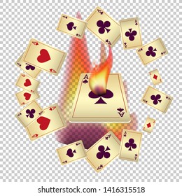 Casino Playing Cards and Fire. Pattern for ads of parties, events in Vegas. Vector illustration in vintage style.