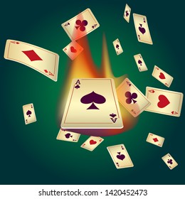 Casino Playing Cards and Fire. Pattern for ads of parties, events in Vegas. Vector illustration in vintage style.