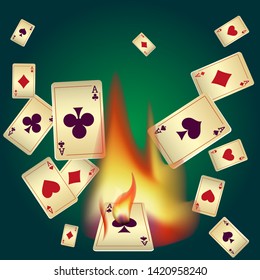 Casino Playing Cards and Fire. Pattern for ads of parties, events in Vegas. Vector illustration in vintage style.