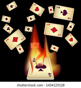 Casino Playing Cards and Fire. Pattern for ads of parties, events in Vegas. Vector illustration in vintage style.