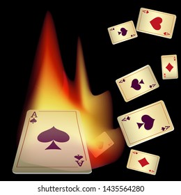 Casino Playing Cards and Fire. Pattern for ads of parties, events in Vegas. Vector illustration in vintage style.
