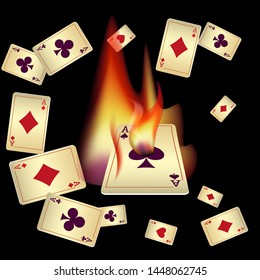 Casino Playing Cards and Fire. Pattern for ads of parties, events in Vegas. Vector illustration in vintage style.