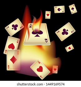 Casino Playing Cards and Fire. Pattern for ads of parties, events in Vegas. Vector illustration in vintage style.