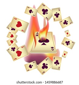 Casino Playing Cards and Fire. Pattern for ads of parties, events in Vegas. Vector illustration in vintage style.