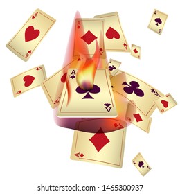 Casino Playing Cards and Fire. Pattern for ads of parties, events in Vegas. Vector illustration in vintage style.