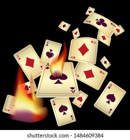 Casino Playing Cards and Fire. Pattern for ads of parties, events in Vegas. Vector illustration in vintage style.