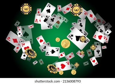 Casino Playing Cards, Money and Casino Chips are falling down. Vector illustration. Pattern for ads of parties, events in Vegas.