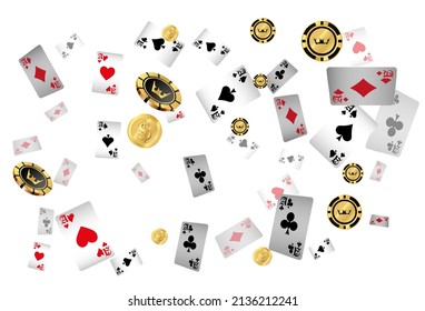 Casino Playing Cards, Money and Casino Chips are falling down. Vector illustration. Pattern for ads of parties, events in Vegas.