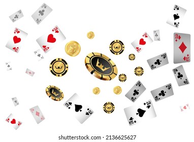 Casino Playing Cards, Money and Casino Chips are falling down. Vector illustration. Pattern for ads of parties, events in Vegas.