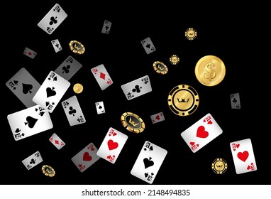 Casino Playing Cards, Money and Casino Chips are falling down. Vector illustration. Pattern for ads of parties, events in Vegas.