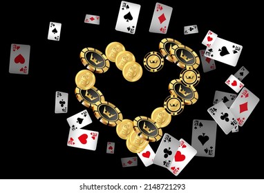 Casino Playing Cards, Money and Casino Chips are falling down. Vector illustration. Pattern for ads of parties, events in Vegas.